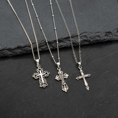 Matching Cross Necklaces, Victorian Cross Necklace, Silver Cross Necklaces, Catholic Cross Necklace, Ornate Cross, Sterling Silver Charm Necklace, Pretty Jewelry Necklaces, Silver Cross Necklace, Sterling Silver Cross Necklace