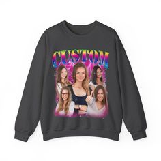 Custom Photo Bootleg Girlfriend Rainbow 90s Retro Vintage Sweatshirt, Face for Boyfriend Birthday Gift on Sweatshirt, Bootleg Tee 💫Ideal for any situation, a unisex heavy blend crewneck sweatshirt is pure comfort. 💫 Made with a medium-heavy fabric blend of 50% cotton and 50% polyester, this sweatshirt feels cozy and is the perfect choice for those colder months. 💫 Made using 100% ethically grown US cotton. Gildan is also a proud member of the US Cotton Trust Protocol ensuring ethical and sust Birthday Sweatshirt With Graphic Print In Relaxed Fit, Casual Graphic Print Sweatshirt For Birthday, Casual Black Sweatshirt For Birthday, Black Casual Sweatshirt, 90s Inspired Crew Neck Top With Custom Print, Trendy Crew Neck Sweatshirt For Birthday, Winter Birthday Tops With Graphic Print, Winter Birthday Top With Graphic Print, Pop Culture Crew Neck Top For Birthday