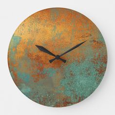 a clock that is on the side of a wall with rusted paint and black hands