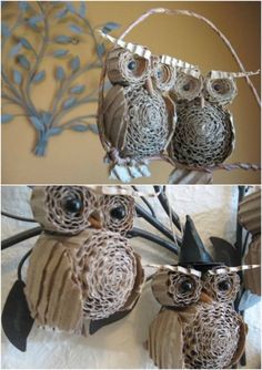 two pictures of an owl hanging from a tree with other owls on it's branches