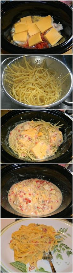 four different types of food in pans on top of each other, including pasta and cheese