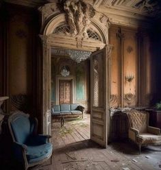 an old room with blue chairs in it