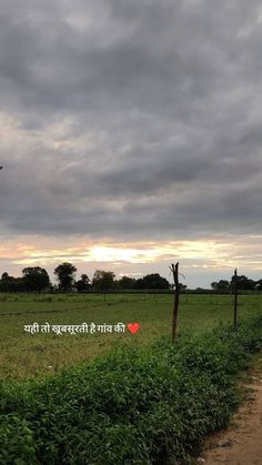 an airplane flying over a lush green field next to a fence with writing on it