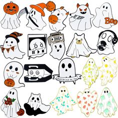 halloween ghost cut outs are shown in various shapes and sizes, all with different colors