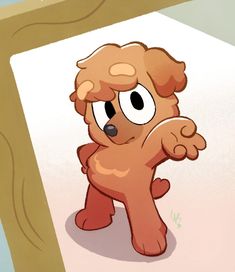 a drawing of a cartoon dog with big eyes pointing at the viewer's left side