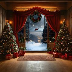 an open window decorated with christmas trees and presents