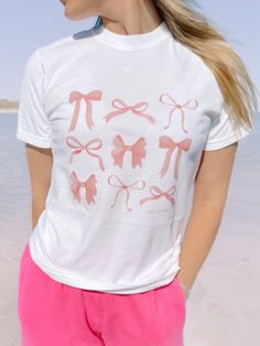 On Bow Nine Bow Tee | Sassy Shortcake Boutique | sassyshortcake.com Preppy White Graphic Print Top, Sassy Shortcake, Cute Paintings, Pink Bows, All Things Pink, Girly Outfits, Best Dressed, White Tee, Pink Bow