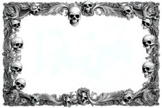 an ornate frame with skulls and scrolls on the edges, as well as a white background