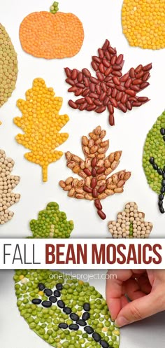 Fall Bean Mosaics | Autumn Leaf and Pumpkin Bean Art Fall Bean Mosaic, Montessori Fall Art, Fall Crafts Adults Diy, Fall Mosaic Art For Kids, Bean Mosaic Art For Kids, Bean Art For Kids, Autumn Diy Kids, Bean Mosaic Art, Fall Activities For Seniors