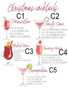 christmas cocktails for the holiday season are shown in this hand - drawn recipe chart