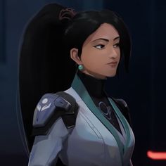 an animated woman with black hair and green eyes in a futuristic space suit, looking at the camera