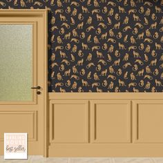 the door is open and there are many monkeys on black wallpaper in this room