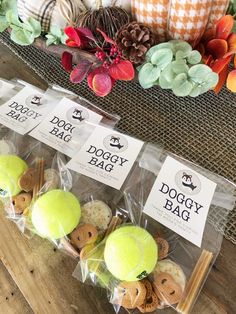 three bags of dogy bag cookies sitting on top of a wooden table next to pumpkins