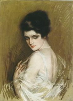 a painting of a woman in white dress with her hands on her chest and the back of her head