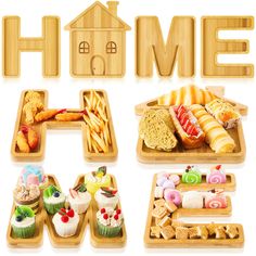 wooden trays filled with different types of food and the word home spelled out in large letters