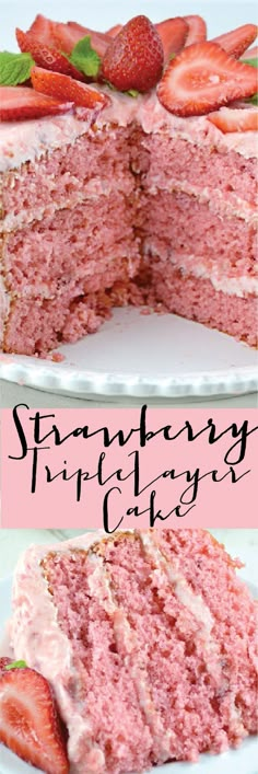 strawberry cake with white frosting and fresh strawberries on top is cut into slices