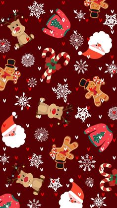 seamless christmas pattern with santa, reindeer and snowflakes on dark red background