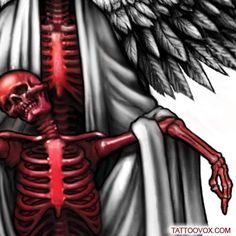 a skeleton with angel wings sitting on top of it's back and holding the cross