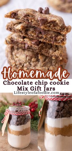 homemade chocolate chip cookie in a jar with text overlay that reads homemade chocolate chip cookie