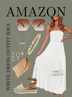 White maxi dress for women outfit idea Plt Clothing, Engagement Photos Dress, Bride To Be Dress, White Dress Outfit Summer, Beach Dress Outfit, Dress Outfit Summer, Dresses From Amazon, Outfit Engagement, Engagement Photo Dress