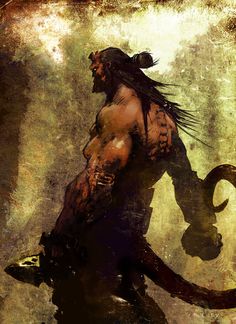 a digital painting of a man with long hair and horns holding a large horned animal