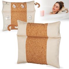 two pillows with eyes on them and a woman in the bathtub behind them, both made out of cork