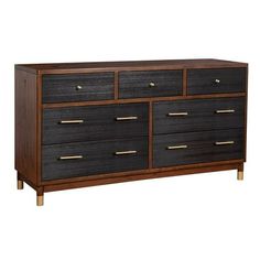 a black and brown dresser with gold pulls on it's drawers, against a white background