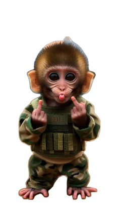 a monkey dressed in camouflage giving the finger sign