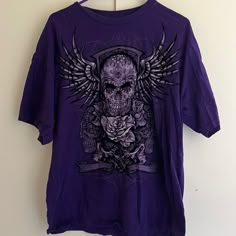 Glidden Heavy Cotton T-Shirt, Dark Purple And Black, Skull With Wings And Roses Graphic, Short Sleeves, Never Worn, Extra Large Black And Purple Graphic Tee, Purple Alt Clothes, Gothic Graphic Tees, Purple Emo Outfits, Goth Shirts & Tops, Mall Goth Shirt, Dark Purple Shirt, Purple Shirts, Skull With Wings