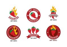 six different logos for hot sauces with flames on the top and bottom, including peppers