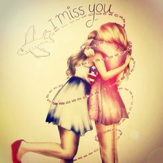 two girls hugging each other with the words miss you