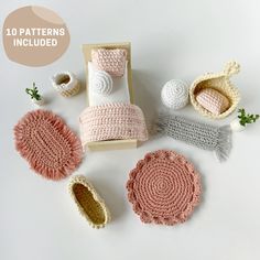 crocheted items are displayed on a white surface