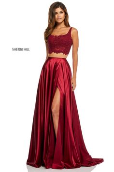 Two-piece, silk satin slit skirt with lace top. Grad Dresses Long, Sherri Hill Prom Dresses, Prom Dress Stores, Prom Dress Styles, Designer Prom Dresses, Prom Designs, Sherri Hill Dresses, Grad Dresses, Sherri Hill