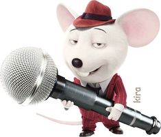 a cartoon mouse holding a microphone and wearing a red suit