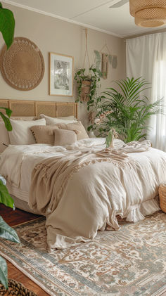 a large bed sitting in a bedroom next to a window with curtains and potted plants