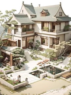 an artist's rendering of a japanese house