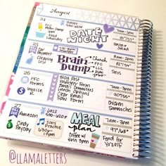 a spiral notebook with the words date night written on it and lots of stickers