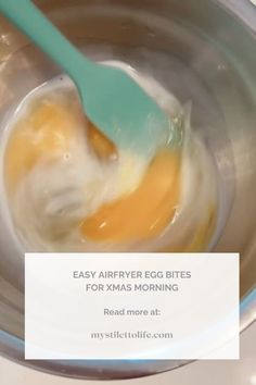 an egg being cooked in a pot with a blue spatula on the side and text overlay that reads easy harvey's eggs for xmas morning read more at my style