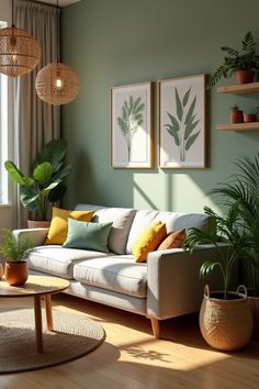 Bright boho living room with green accents, natural textures, and lush plants. A perfect cozy space for nature-inspired home decor. #BohoLivingRoom #GreenAccentWall #PlantDecor #NaturalHomeDecor #CozyLivingRoom Accent Walls In Living Room Boho, Boho Living Room Wall Colors, Room With Green Accents, Living Room With Green Accents, Bright Boho Living Room, Brown And Green Living Room, Living Room Decor Green, Colorful Modern Home, Room Decor Green