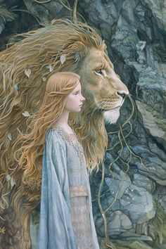 a painting of a girl and a lion