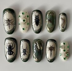 Acrylic Nail Designs Grunge, Zelda Nails, Beetle Nails, Eclectic Nails, Blush Nail Designs, Insect Nails, Blush Nail, Nail Goals