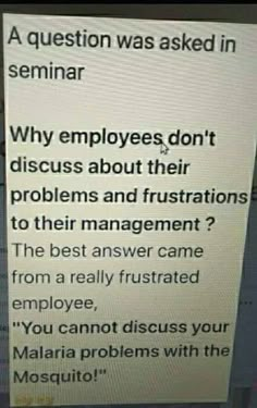 a computer screen with a question on it that says, why employees don't discuss their problems and frustration to their management? the best answer came from a really frustrated