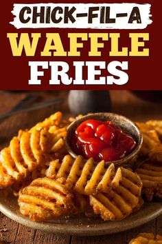 fried waffle fries on a plate with ketchup