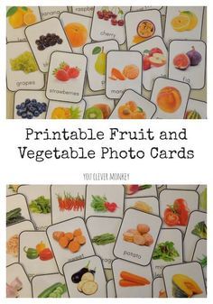 the words printable fruit and vegetable photo cards are displayed in front of a white background