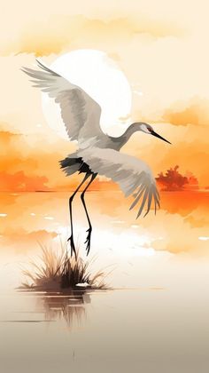 a painting of a crane in flight over water at sunset with the sun behind it