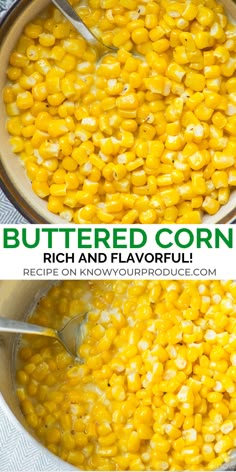 two pictures showing how to cook buttered corn in a pot with the title above it