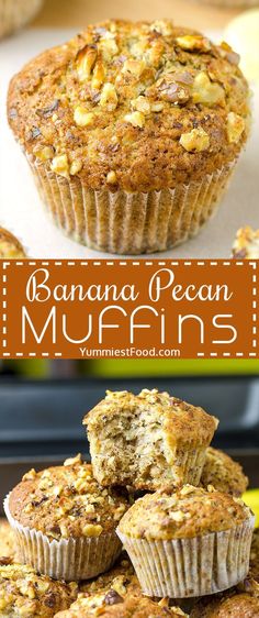 banana pecan muffins stacked on top of each other with text overlay