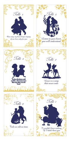 the silhouettes of disney characters are shown in blue and gold, as well as white text