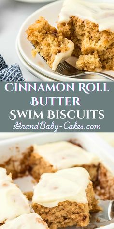 cinnamon roll butter biscuits with white frosting on top and in a baking dish next to a fork