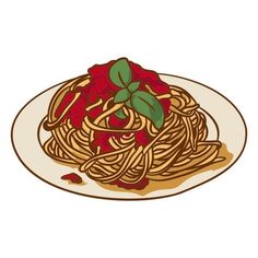 a plate of spaghetti with sauce and basil on top, ready to be eaten illustration